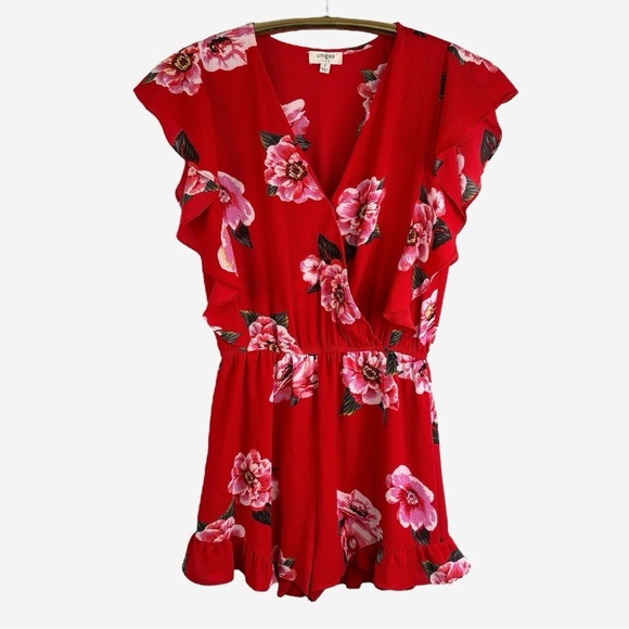 Umgee Floral Surplice Ruffle Romper Size S Red Built-In Shorts - Picture 4 of 14